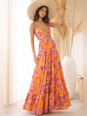 RUNAWAY THE LABEL Orchid Maxi Dress Orange Tropical Resort Dress NWT size